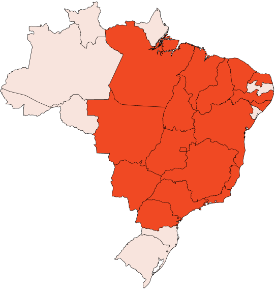 Mapa do Brasil com os estados onde a Matrix Energia atua destacados em laranja